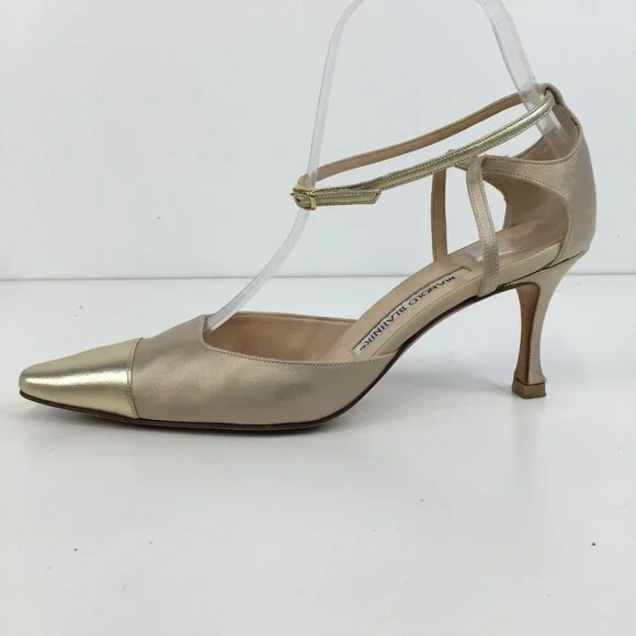 Manolo Blahnik Golden Cap Toe Ankle Strap Pumps Size 37.5